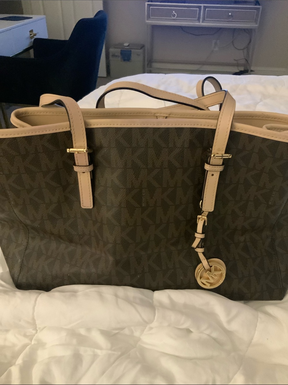 Michael Kors Dark Brown Monogram Tote with Gold Charm